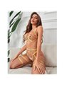 Subblime - 954345 Bra + Thong + Garter Belt Floral Design Yellow S/M