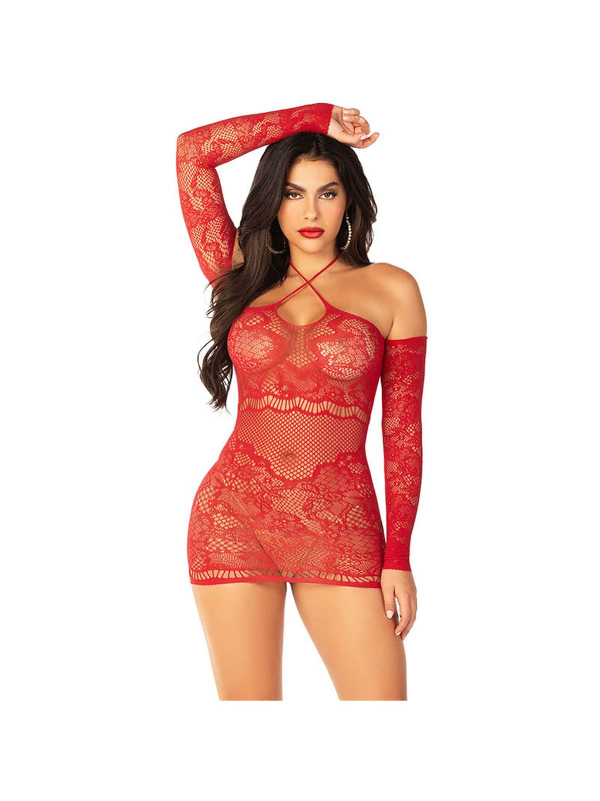 Leg Avenue - Off-Shoulder Long-Sleeved Mesh Mini Dress Red