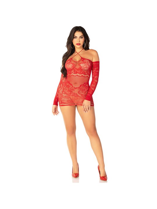 Leg Avenue - Off-Shoulder Long-Sleeved Mesh Mini Dress Red