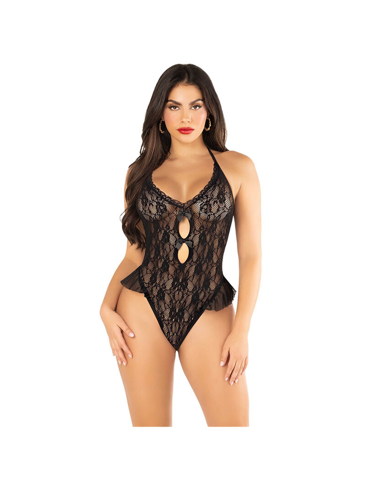Leg Avenue - Body con Fiocco e Volant Nero Taglia Unica