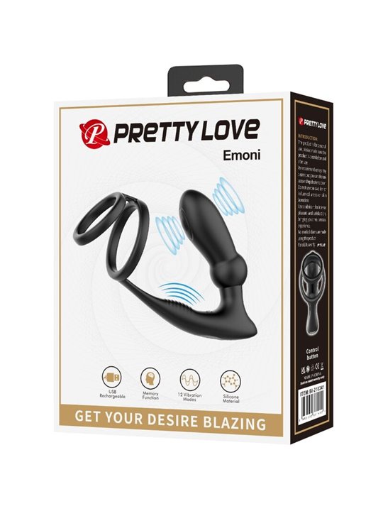 Pretty Love Emoni - Anello Fallico con Plug Anale 12 Vibrazioni Nero