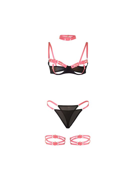 Subblime 955304 - Lingerie Set with Necklace & Neon Pink Details L/XL