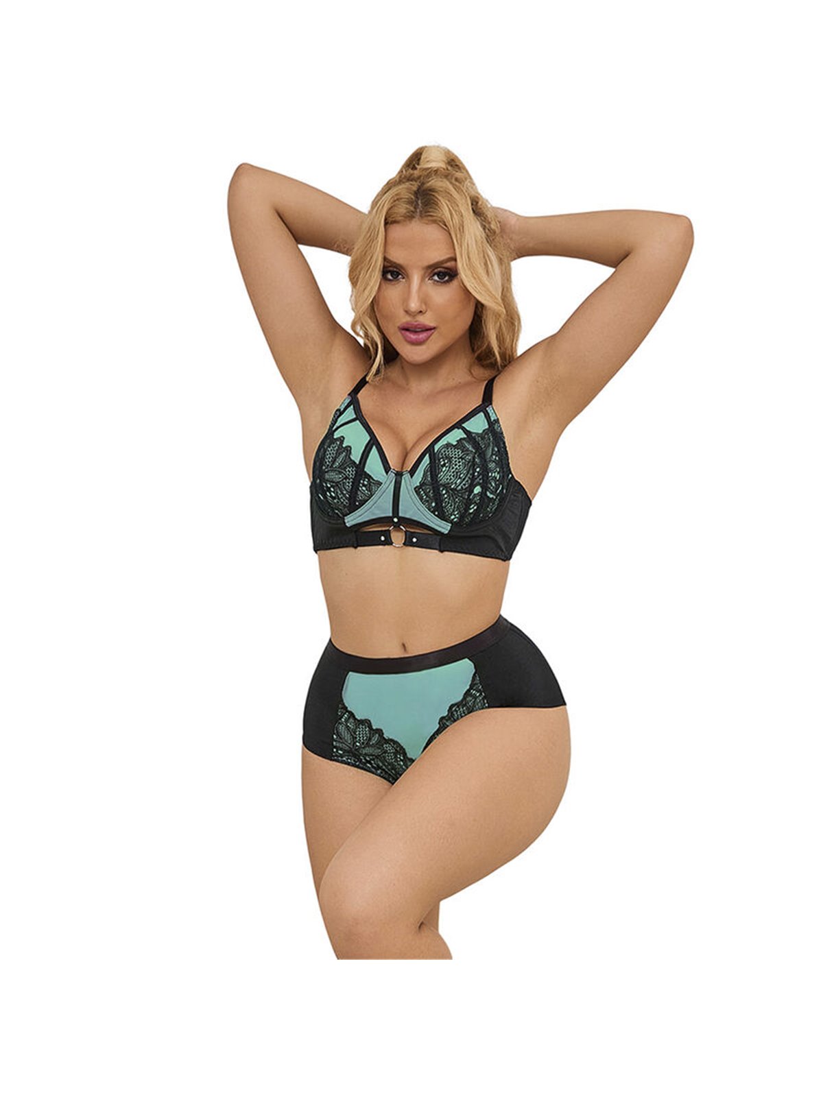 Subblime 955557 - Green Patent Thong & Bra with Zipper S/M
