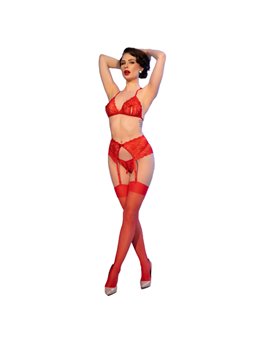 Chilirose CR 4848 - Red Lace Bra Set + Thong + Stockings M