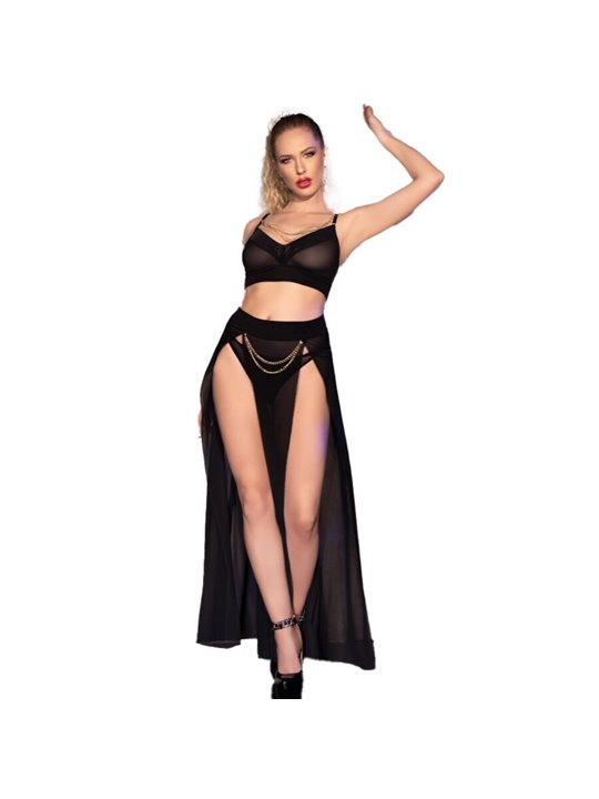 Chilirose CR 4672 - Black Skirt & Top with Chains and Thong XL