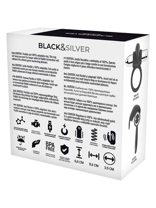 Black&Silver Burton - Anello Fallico Rabbit 10 Modalità di Vibrazione - Argento