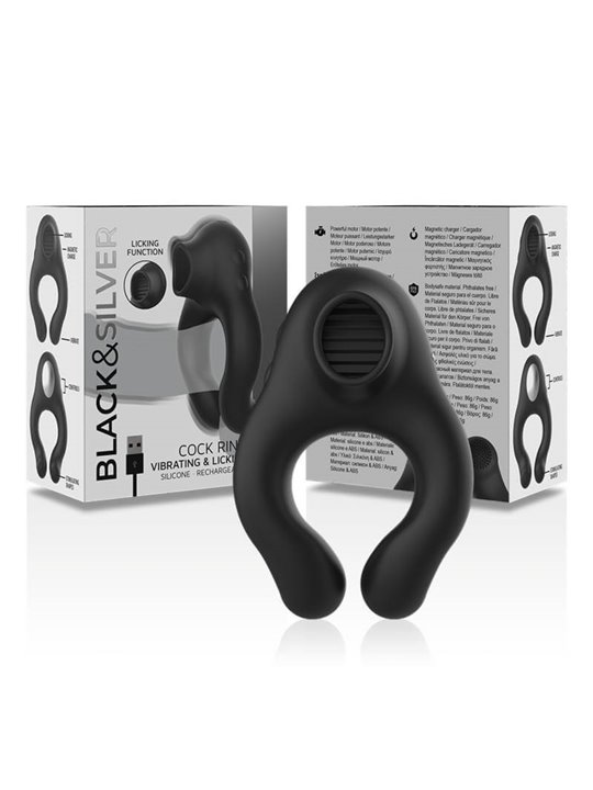 Black&Silver Cock Ring - Anello Fallico Vibrante con Funzione Lingua - Nero