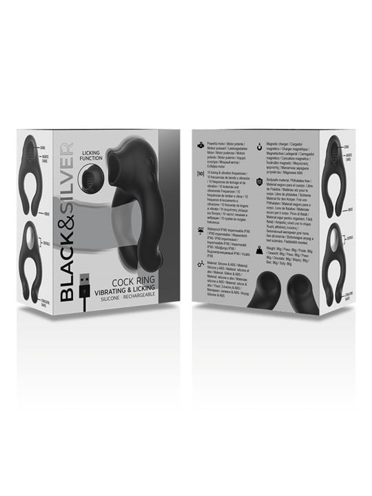 Black&Silver Cock Ring - Anello Fallico Vibrante con Funzione Lingua - Nero