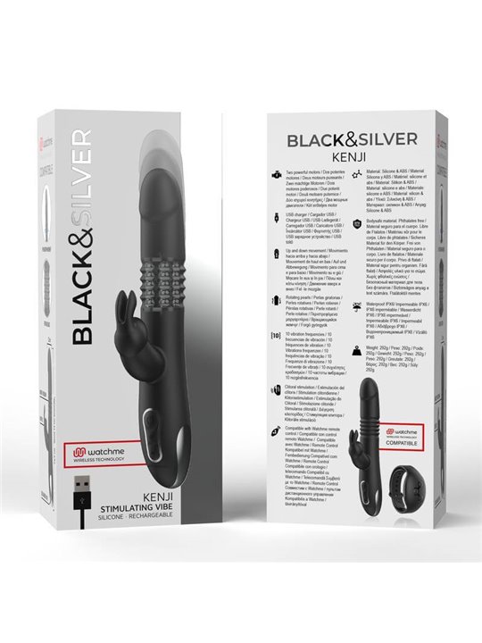 Black&Silver Kenji - Vibratore Rabbit con Testa Rotante Compatibile Watchme - Nero