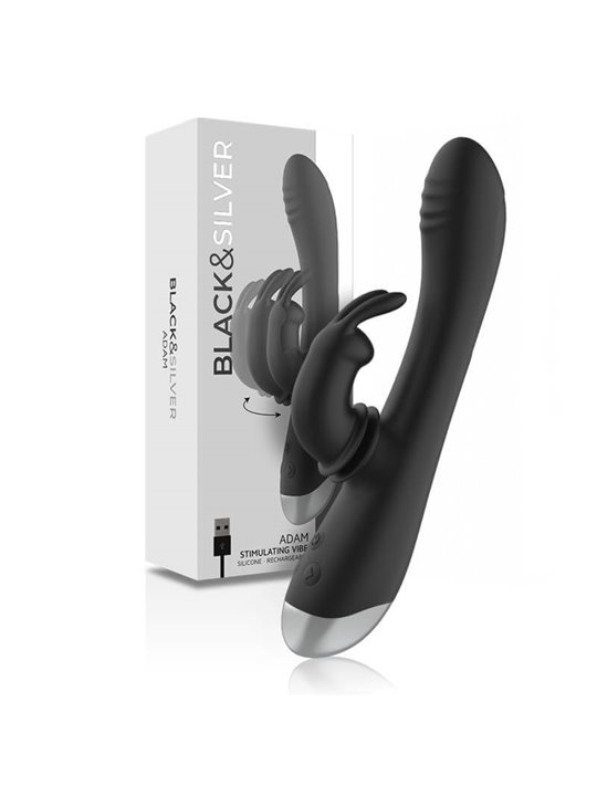 Black&Silver- Dj. Adam Rechargeable Silicone Rabbit Stimulator Black