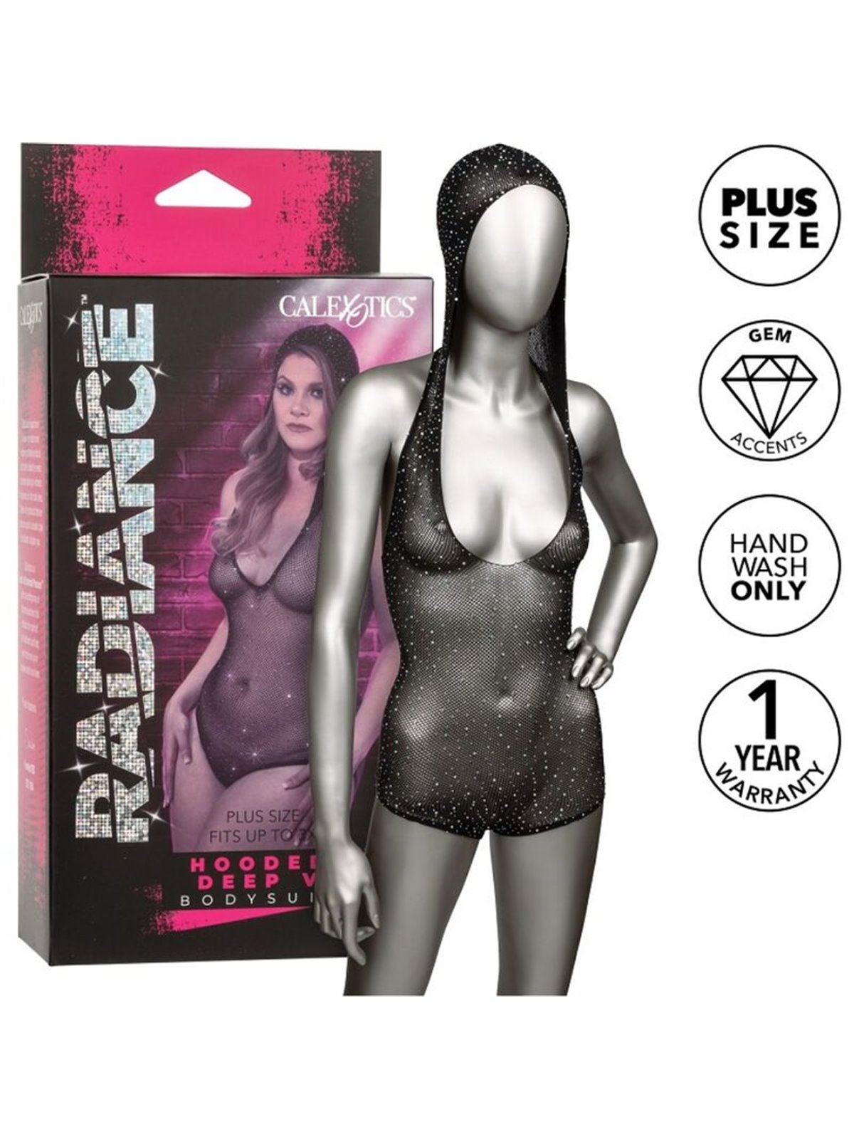 Calexotics Radiance - Body a Rete con Strass e Cappuccio Taglia Plus