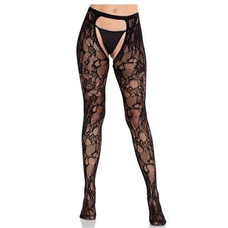 Leg Avenue - Black Floral Lace Stockings with Garterbelt