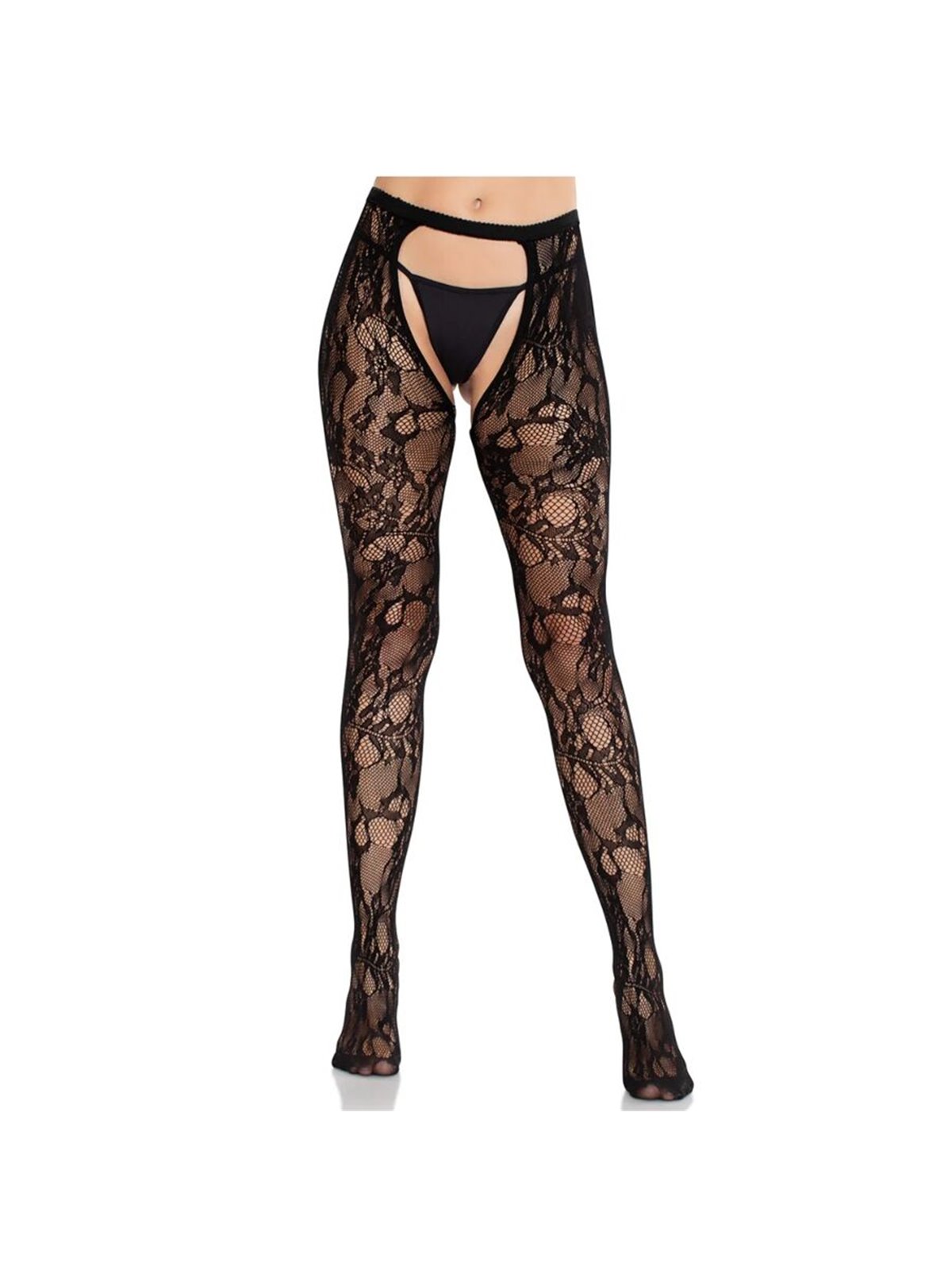 Leg Avenue - Calze Nere in Pizzo Floreale con Reggicalze