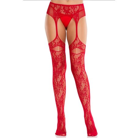 Leg Avenue - Red Lace Fishnet Stockings with Garterbelt
