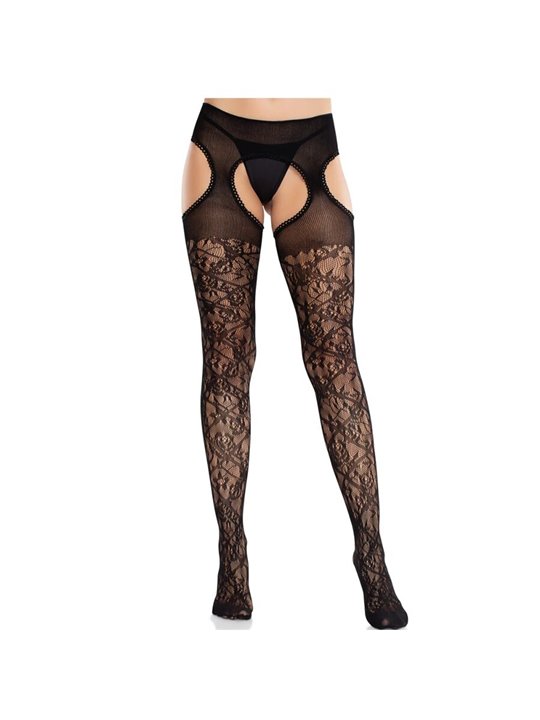 Leg Avenue - Black Floral Lace Stockings with Garterbelt