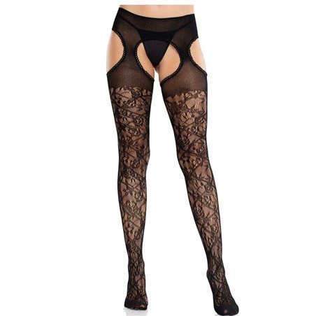Leg Avenue - Black Floral Lace Stockings with Garterbelt