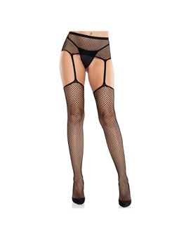 Leg Avenue - Black Lace Fishnet Stockings with Cross and Garterbelt