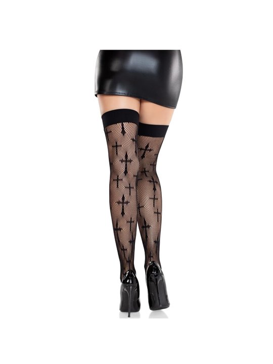 Leg Avenue Worship Me Cross Net - Black Lace Thigh-High Stockings