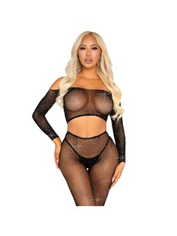 Leg Avenue - Crop Top and Rhinestone Fishnet Leggings One Size Black