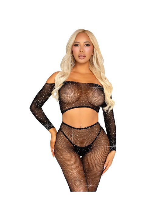 Leg Avenue - Crop Top and Rhinestone Fishnet Leggings One Size Black