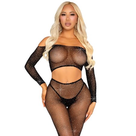 Leg Avenue - Crop Top and Rhinestone Fishnet Leggings One Size Black