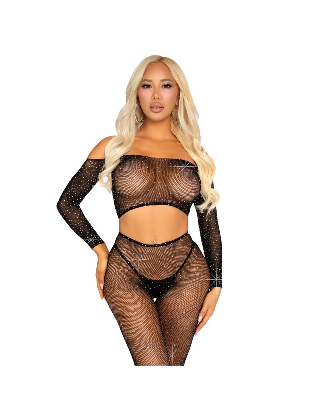 Leg Avenue - Crop Top and Rhinestone Fishnet Leggings One Size Black