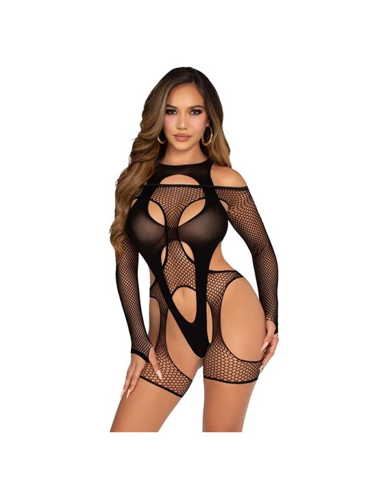 Leg Avenue - Bodystocking a Rete con Cintura e Imbracatura Nera
