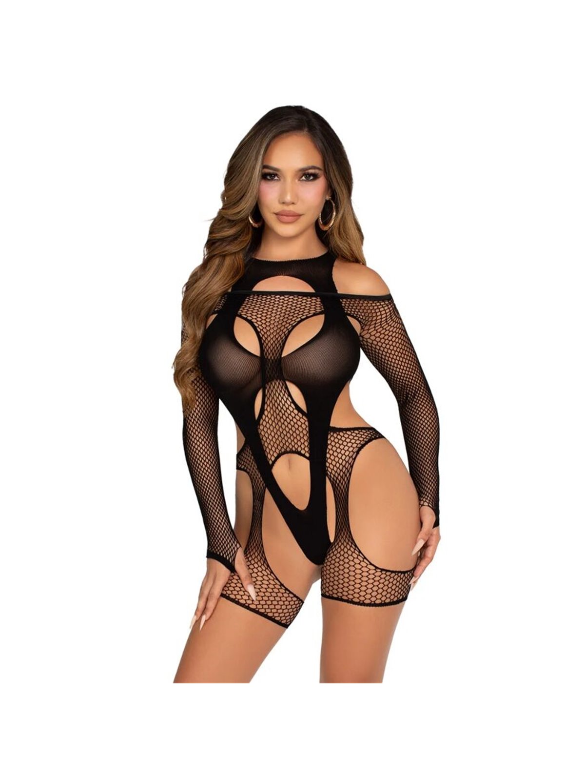 Leg Avenue - Black Fishnet Bodystocking with Belt and Harness