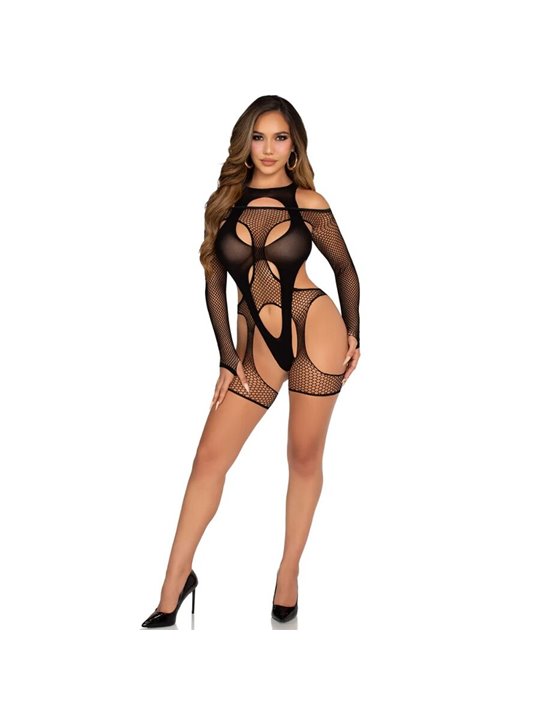 Leg Avenue - Bodystocking a Rete con Cintura e Imbracatura Nera