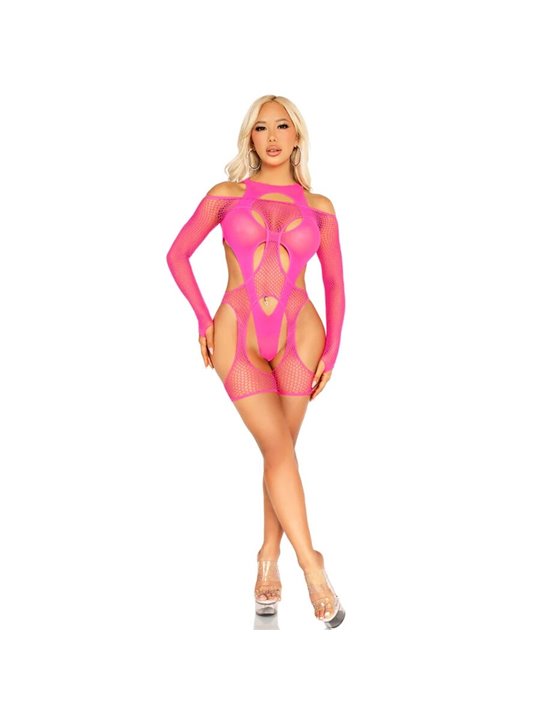 Leg Avenue - Bodystocking a Rete con Cintura e Imbracatura Rosa Neon