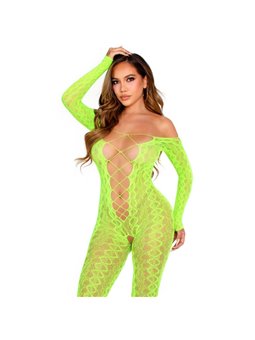 Leg Avenue - Bodystocking Trama Serpente con Cavallo Aperto Verde Neon