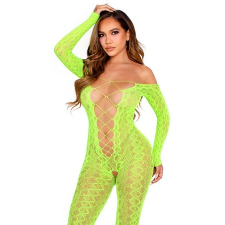 Leg Avenue - Snake Pattern Bodystocking with Open Crotch Neon Green