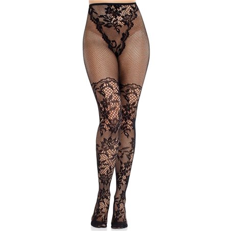 Leg Avenue Dahlia - Black Lace Detail Fishnet Stockings