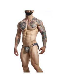 Mob Dungeon Ring Mounted - Grey Leather Jockstrap with Chains