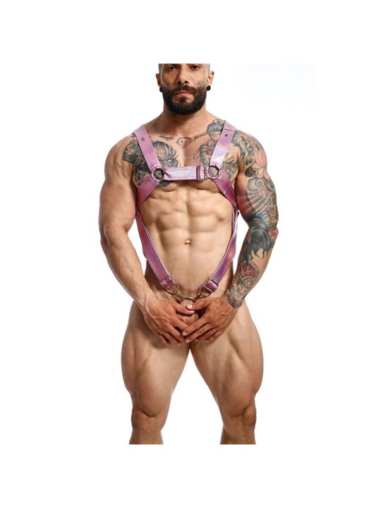 Mob Dungeon - Cross Leather Harness Pink with Phallic Ring One Size