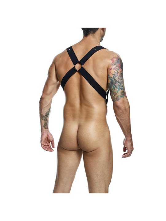 Mob Dungeon - Black Cross Leather Harness with Phallic Ring One Size