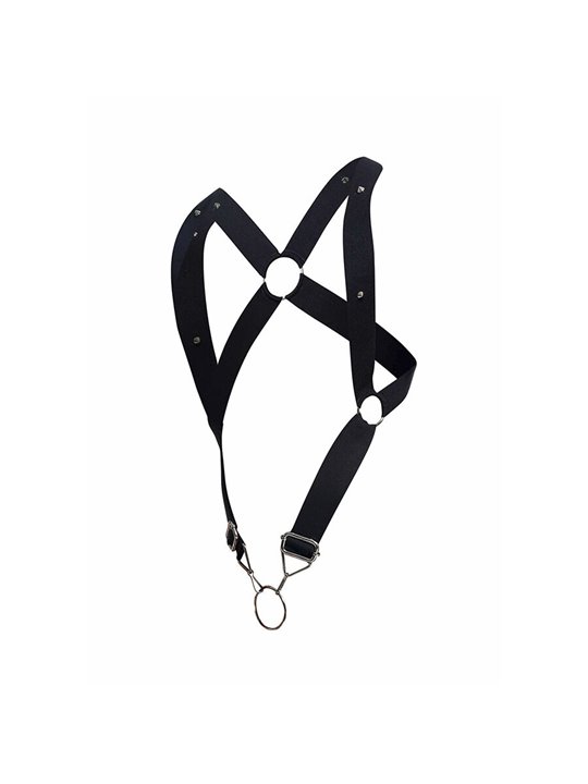 Mob Dungeon - Black Cross Leather Harness with Phallic Ring One Size