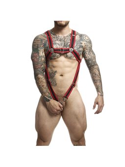 Mob Dungeon - Red Cross Leather Harness with Phallic Ring One Size