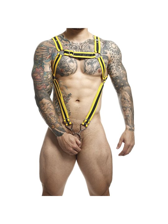 Mob Dungeon - Yellow Cross Leather Harness with Phallic Ring One Size