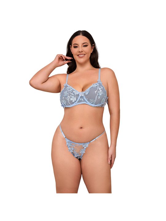 Subblime 957636 - Celestial Blue Bra and Panties with Floral Embroidery L/XL