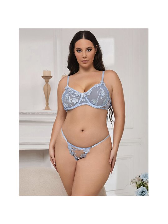 Subblime 957636 - Reggiseno e Slip Celesti con Ricami Floreali L/XL