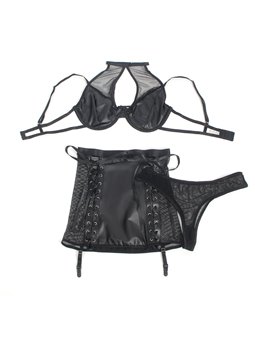 Subblime 957599 - Set Reggiseno Perizoma e Gonna in Ecopelle Nero L/XL
