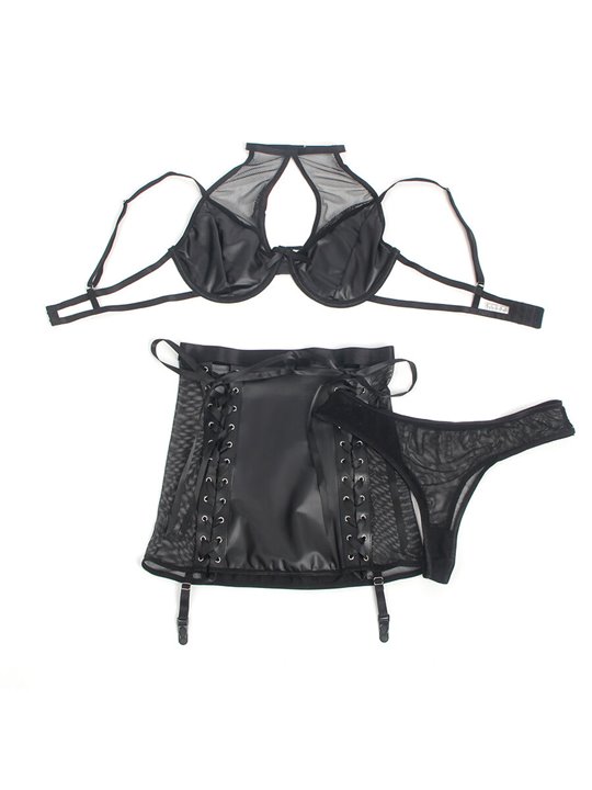 Subblime 957599 - Set Reggiseno Perizoma e Gonna in Ecopelle Nero L/XL