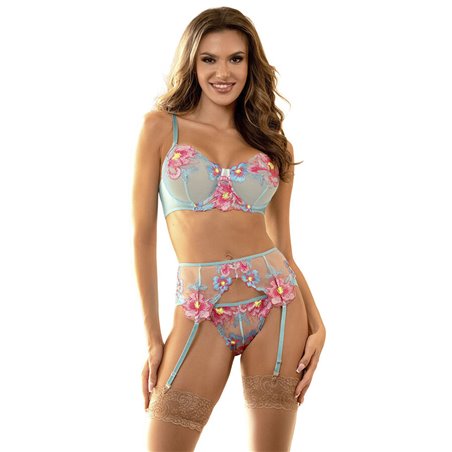 Subblime 957650 - Celestial Blue Lingerie Set with Pink Floral Embroidery L/XL