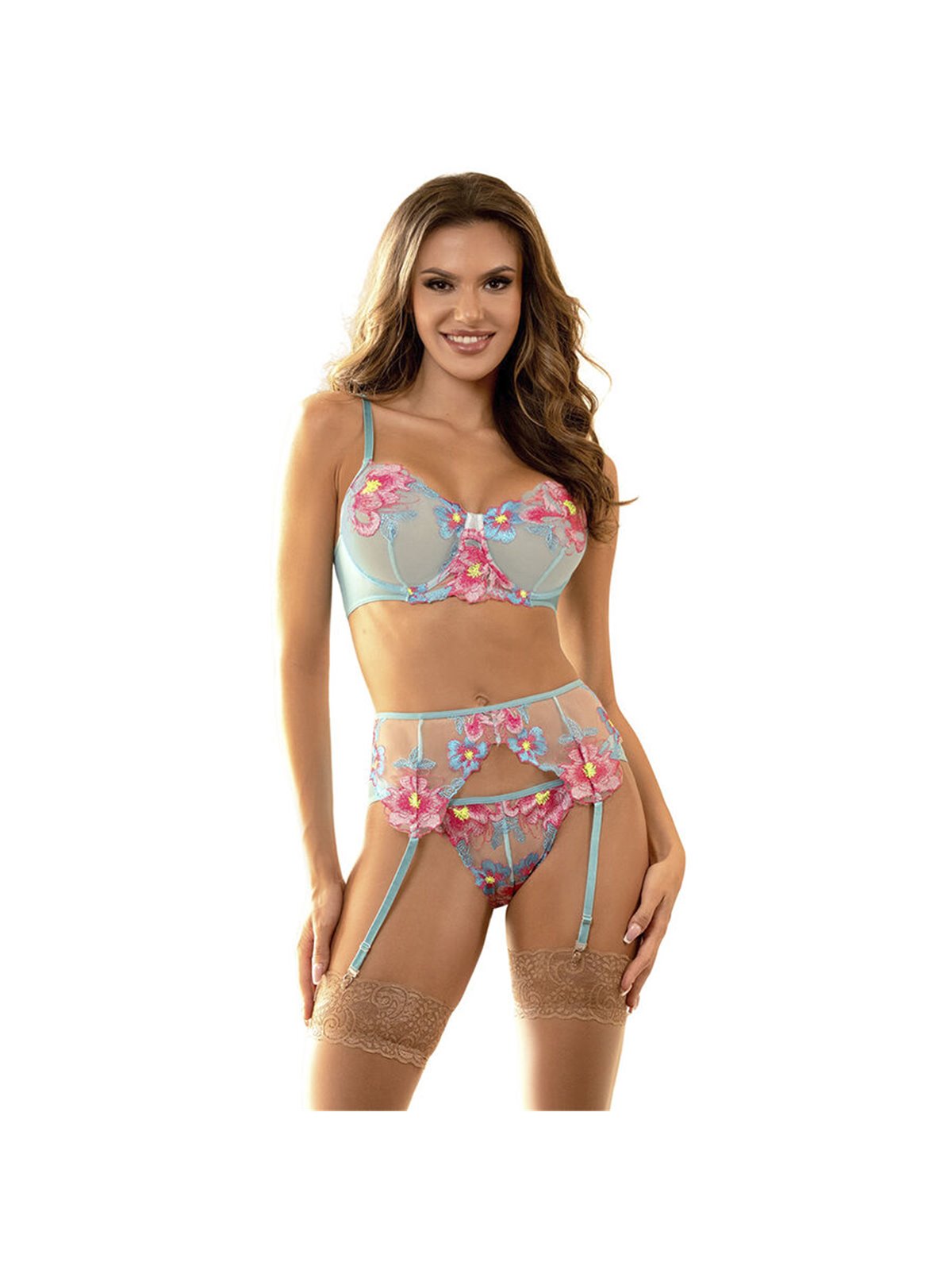 Subblime 957650 - Celestial Blue Lingerie Set with Pink Floral Embroidery L/XL