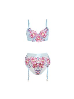 Subblime 957650 - Celestial Blue Lingerie Set with Pink Floral Embroidery L/XL