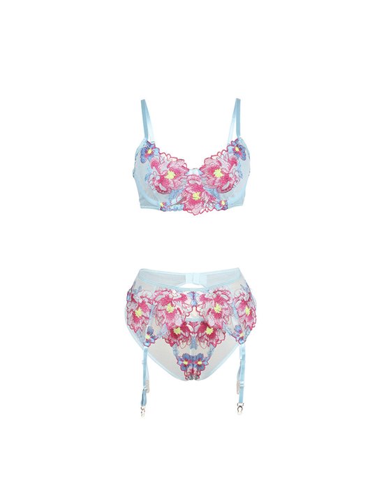 Subblime 957650 - Celestial Blue Lingerie Set with Pink Floral Embroidery L/XL