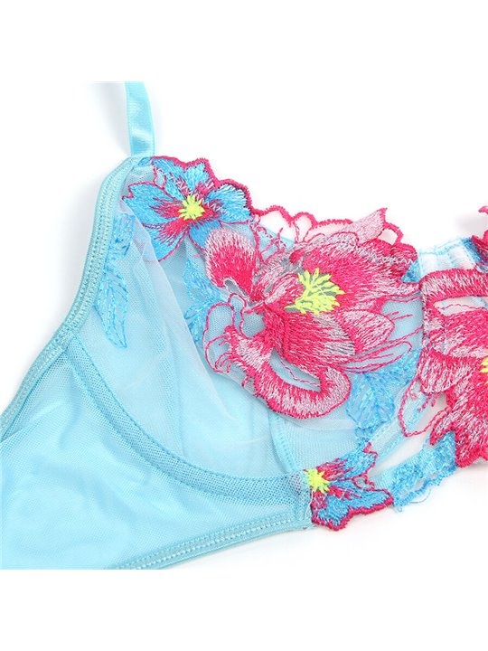 Subblime 957650 - Celestial Blue Lingerie Set with Pink Floral Embroidery L/XL