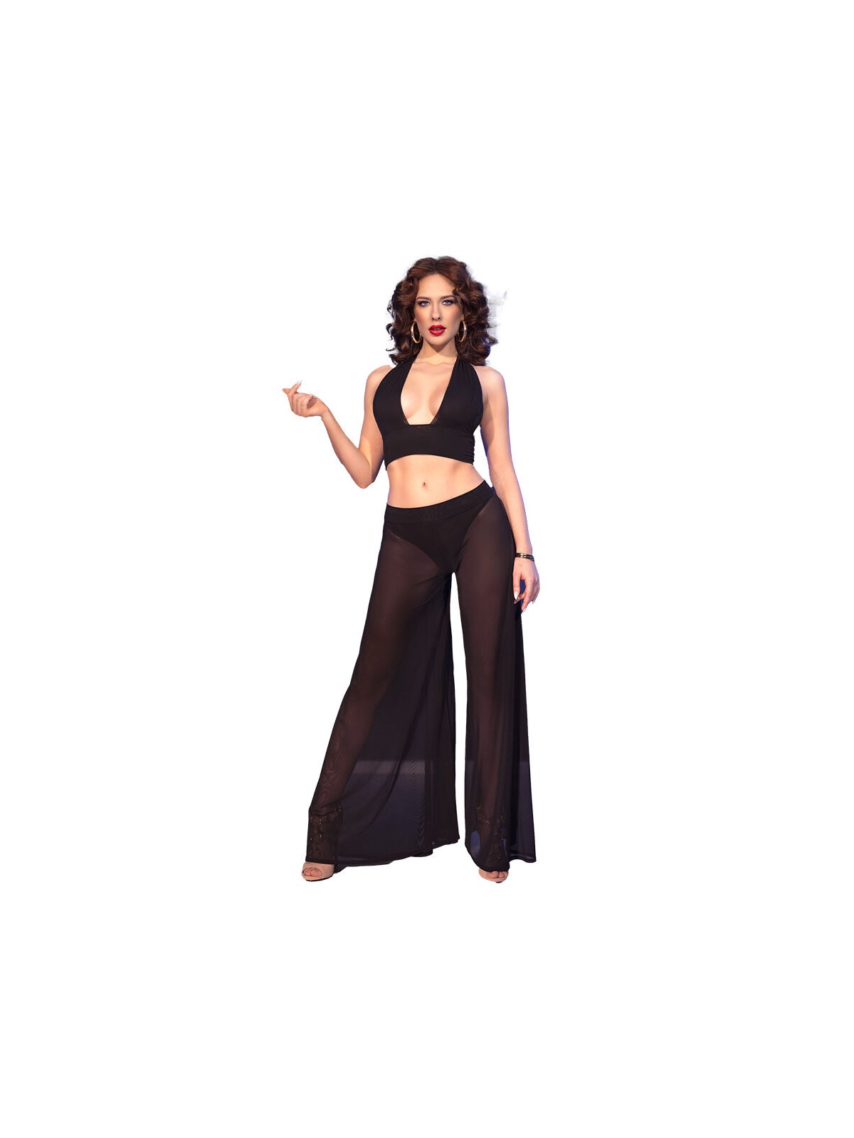 Chilirose CR 4857 - Black Top and Wide-Leg Pants Set Size S