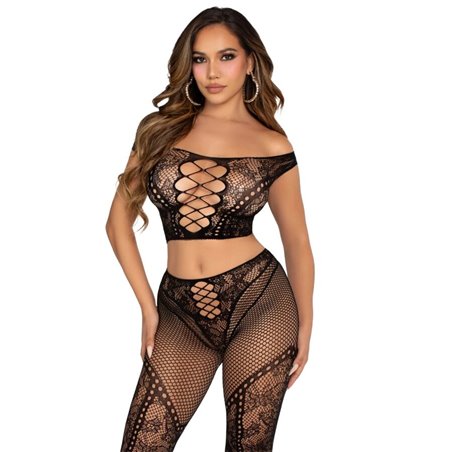 Leg Avenue Short Top and Mesh Legging with Bare Shoulders Black